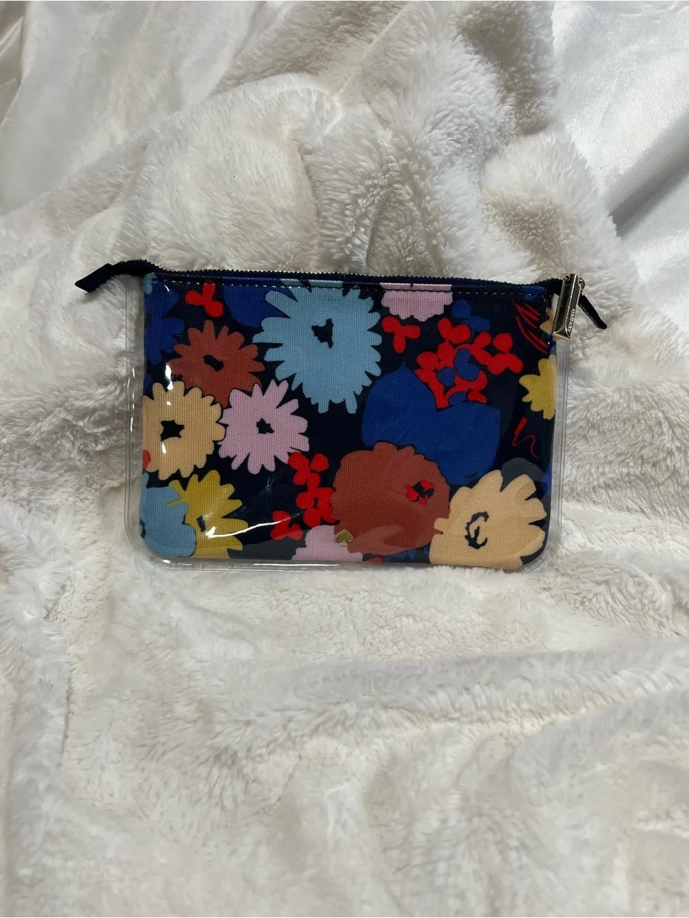 kate spade navy clear floral cosmetic pouch with red and yellow accents